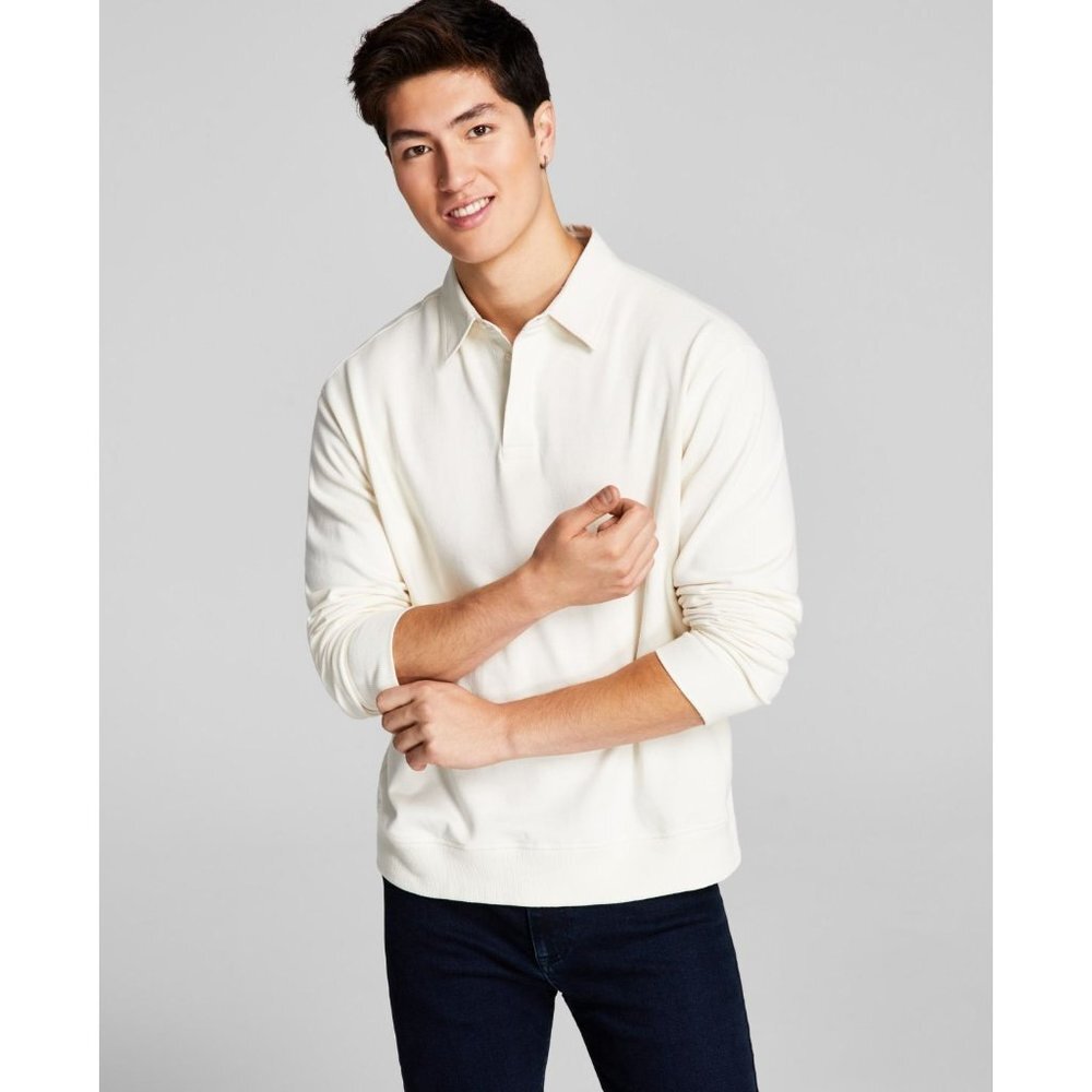 And Now This‎ Mens Solid Fleece Polo Long-Sleeve Sweatshirt, Off White, NWT, XXL